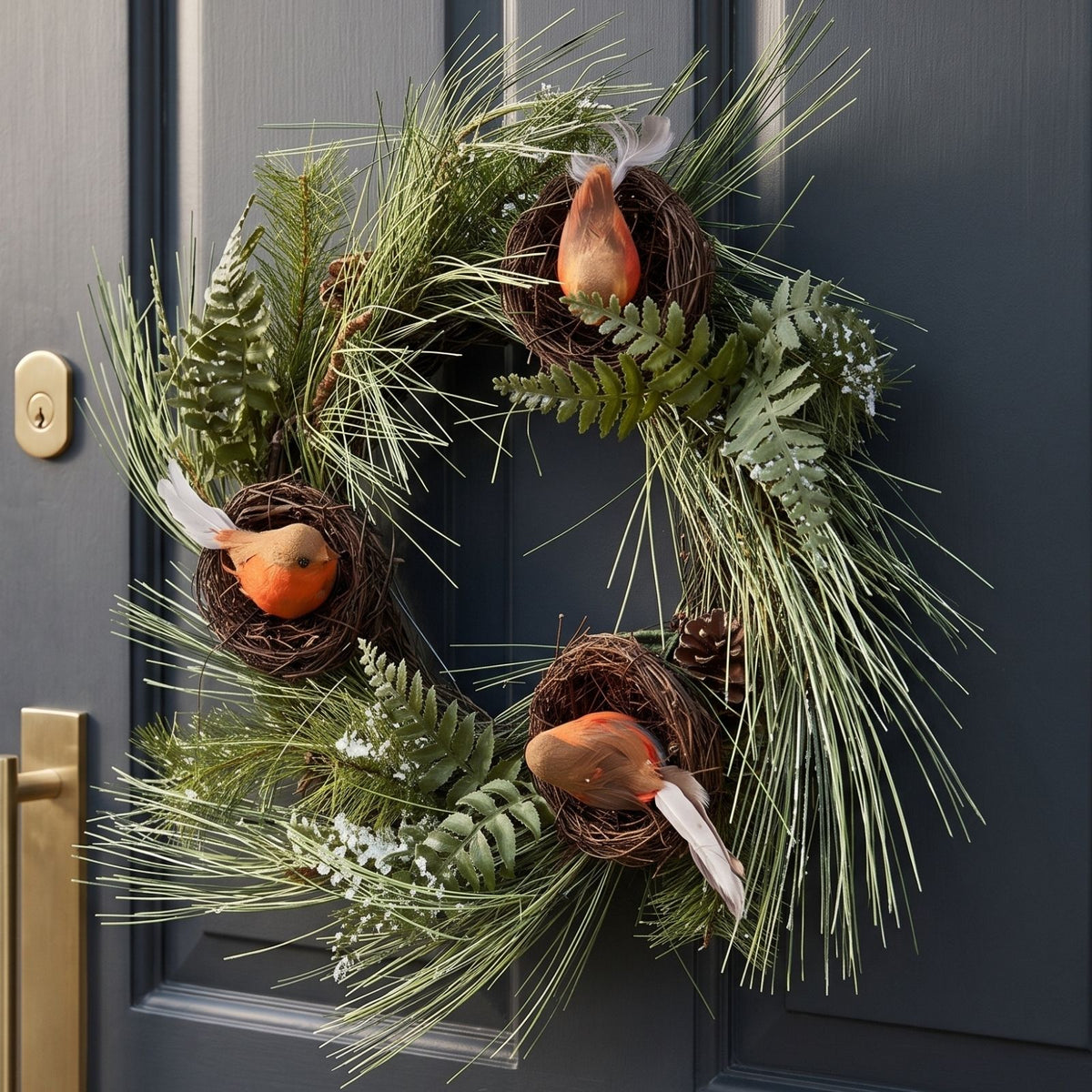 HOMESCAPES Artificial Christmas Wreath With Robins Nests, 16 Inch