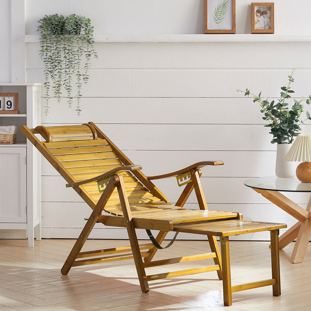 Bamboo Foldable Recliner Lounge Chair With Retractable Footrest | Light Brown