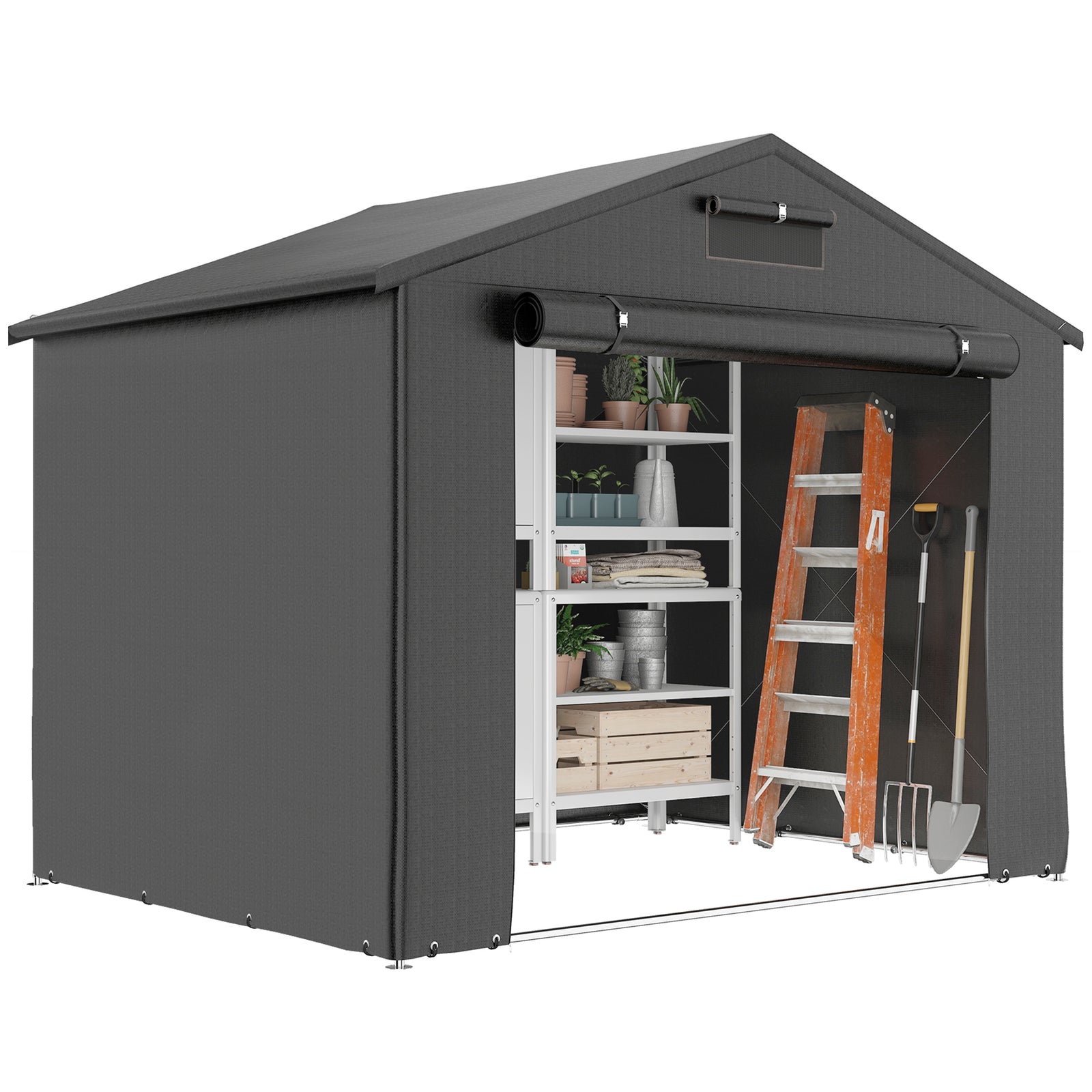 8x4ft Garden Storage Shed Roll-up Zipper Door Dark Grey