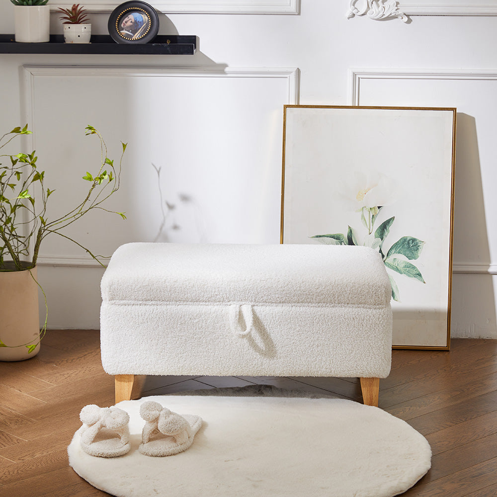 White Teddy Fleece Upholstered Storage Ottoman | Large | White