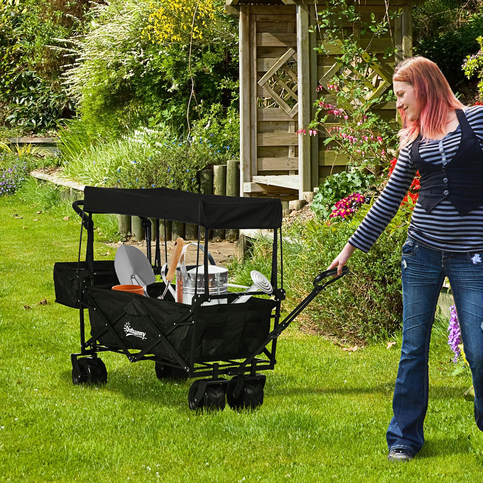 Trolley Cart Storage Wagon With Handle, Canopy Black | Black