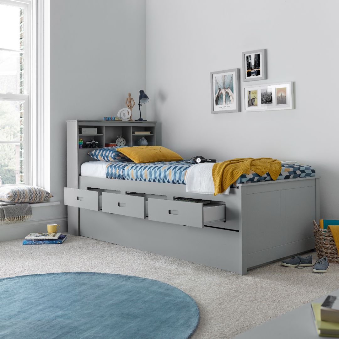 Veera Guest Bed With Drawers And Trundle With Memory Foam Mattresses | Single | Grey