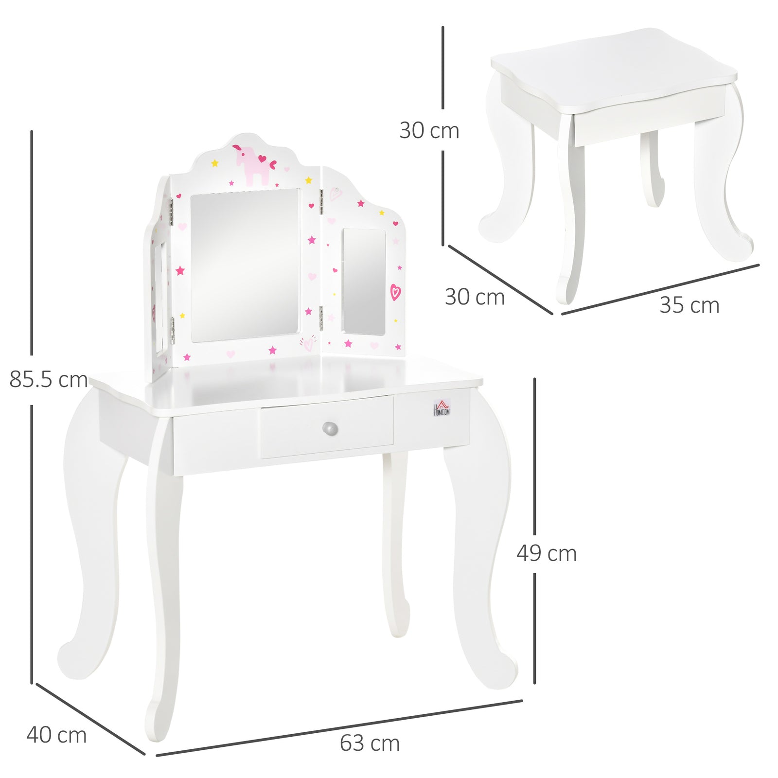 Makeup Dressing Table Set With Tri-folding Mirror And Drawer | White