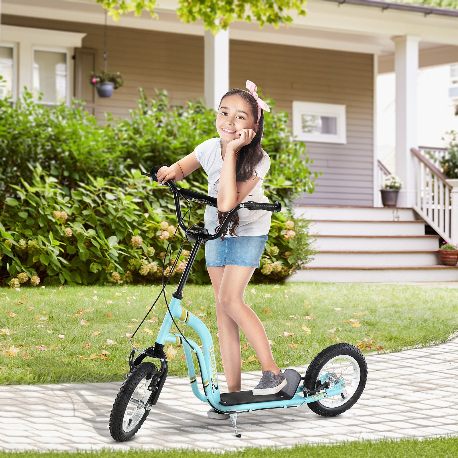 Dual Brakes Kick Scooter 12-inch Inflatable Wheel Ride On Toy For Age 5+ | Blue