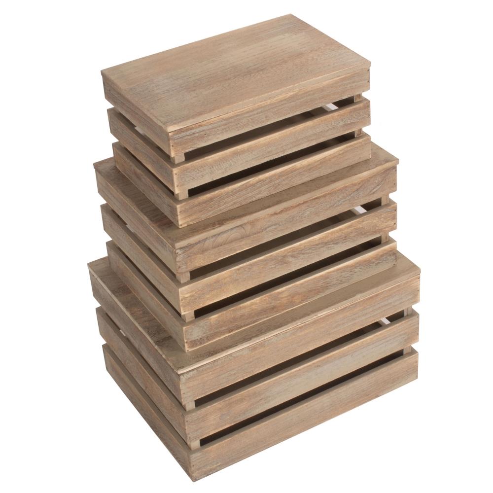 Oak Effect Slatted Lidded Wooden Storage Box | Set-of-3 | Brown