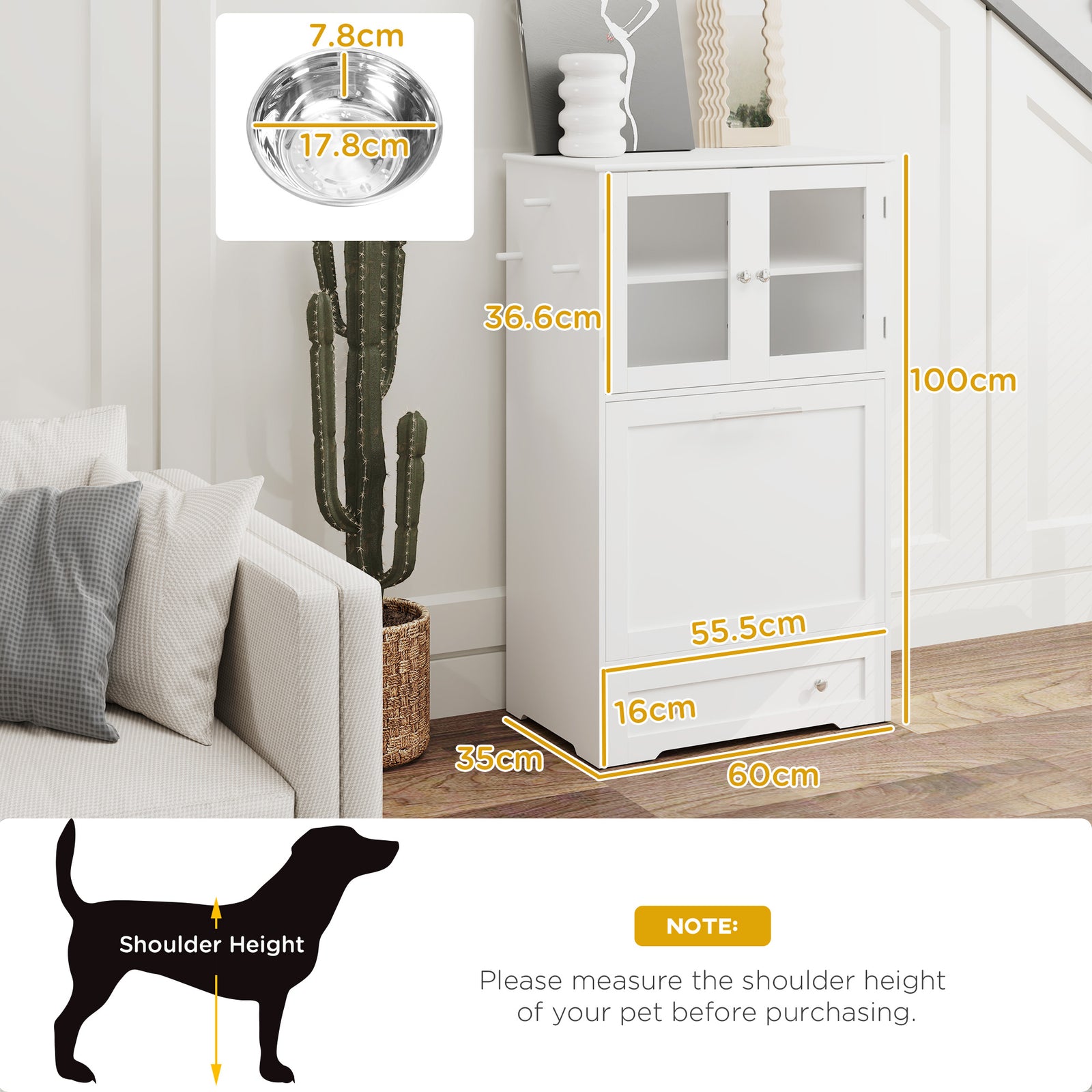 Dog Feeding Station With 2 Storage Cabinets, 2 Elevated Bowls, White