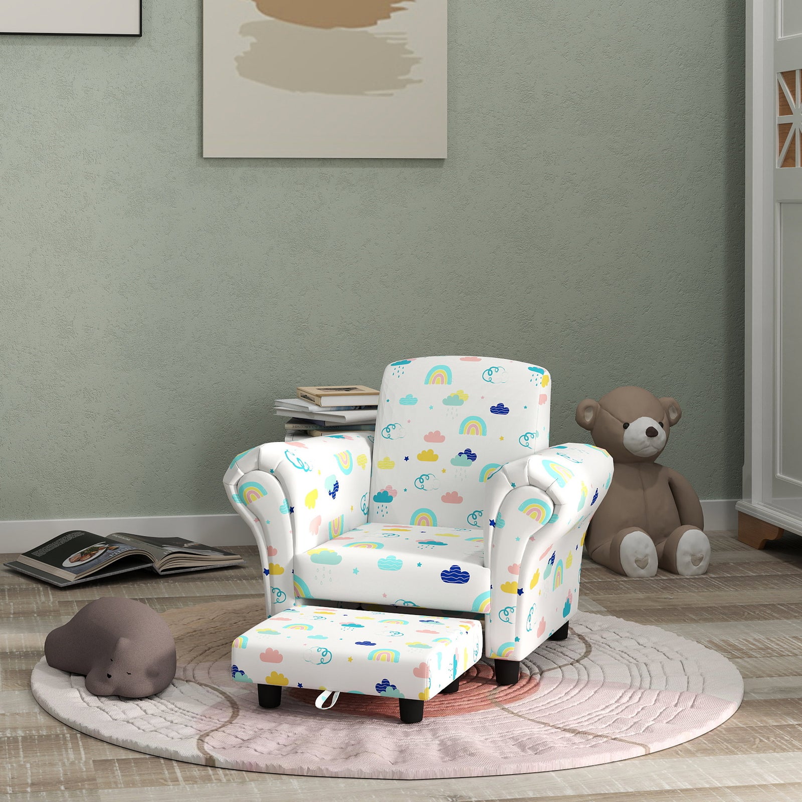 2 Piece Kids Sofa Set With Dinosaur Design, For Nursery | White