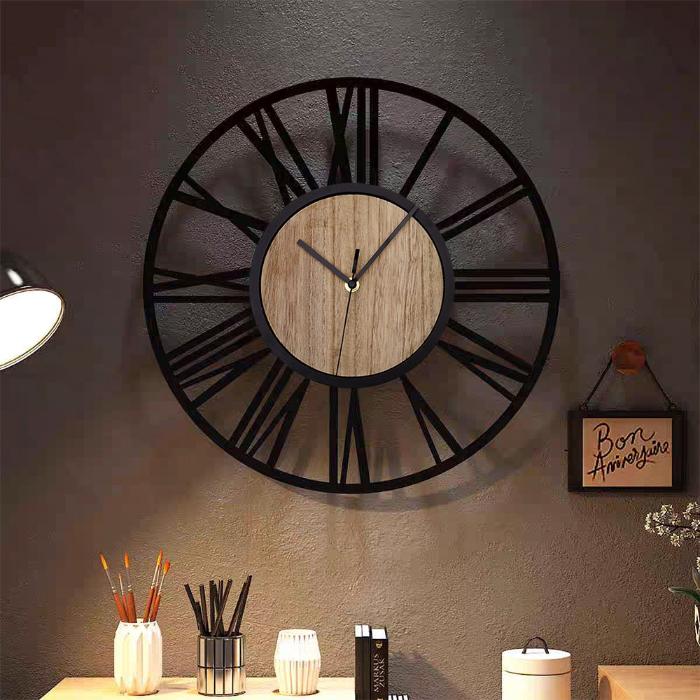 Metal Wood Decorative Wall Clock With Roman Numerals