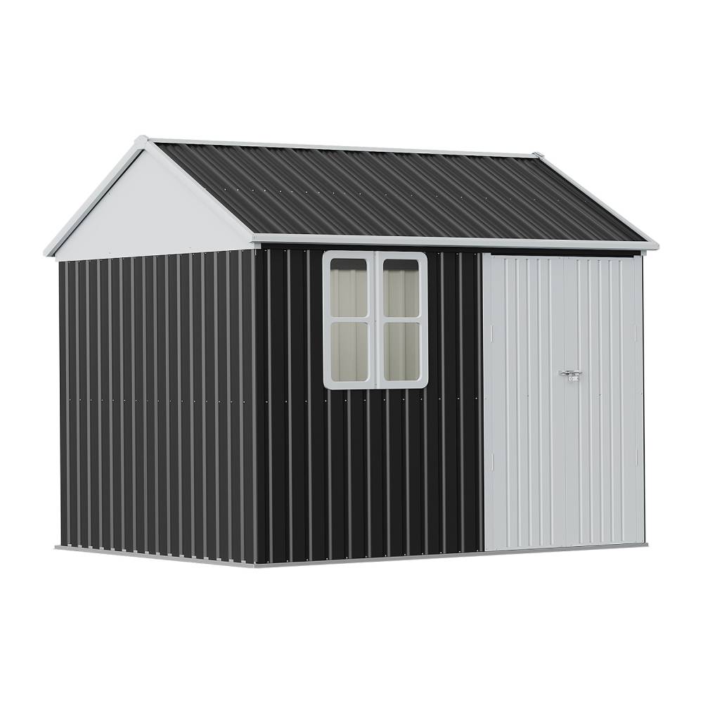 10x8ft Lockable Outdoor Metal Shed With Window – Apex Roof Garden Storage With Double Doors For Tools, Equipment