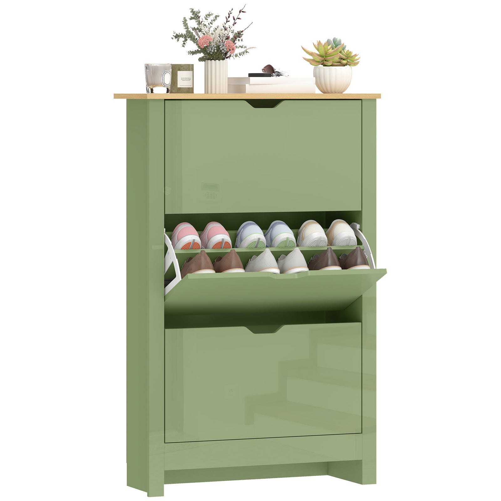 18-shoe Storage Cabinet 6 Shelves 3 Drawers Tabletop High | Green