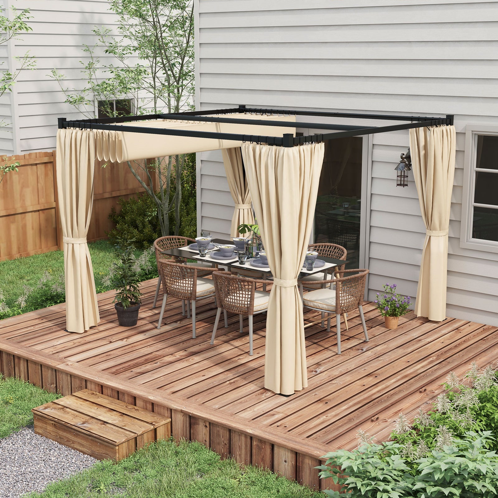 3 X 3(m) Pergola With Retractable Roof And Curtains | Beige