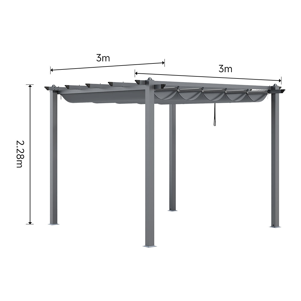 3 x 3M Aluminium Retractable Pergola with PA-Coated Canopy, Outdoor Garden & Patio Sun Shelter