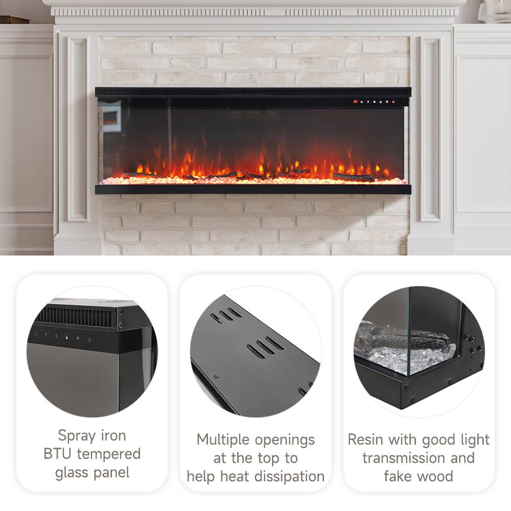 50 Inch 3-sided  Electric Fireplace Recessed & Freestanding Heater With Adjustable Flame, Remote Control, Timer & 12 Flame Colors