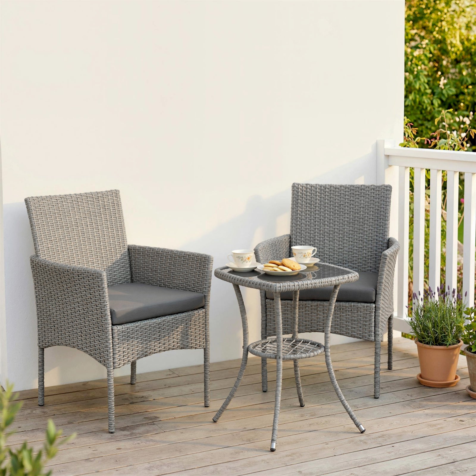 3 Piece Rattan Bistro Set With 2 Tier Glass-top Table, Chairs | Grey