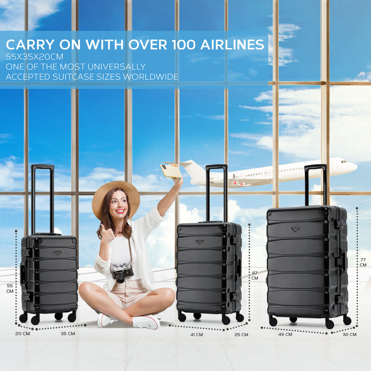 Set Of 3 Aluminium Frame/ABS Body Outer Cabin Carry & Check In Hold Luggage. Overhead Cabin Bag + Medium & Large Check-in Hold Suitcases | Set of 3 | Black