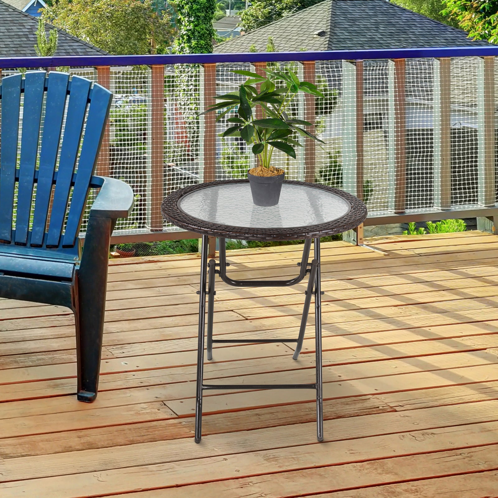 Folding Round Rattan Table W/ Tempered Glass Top