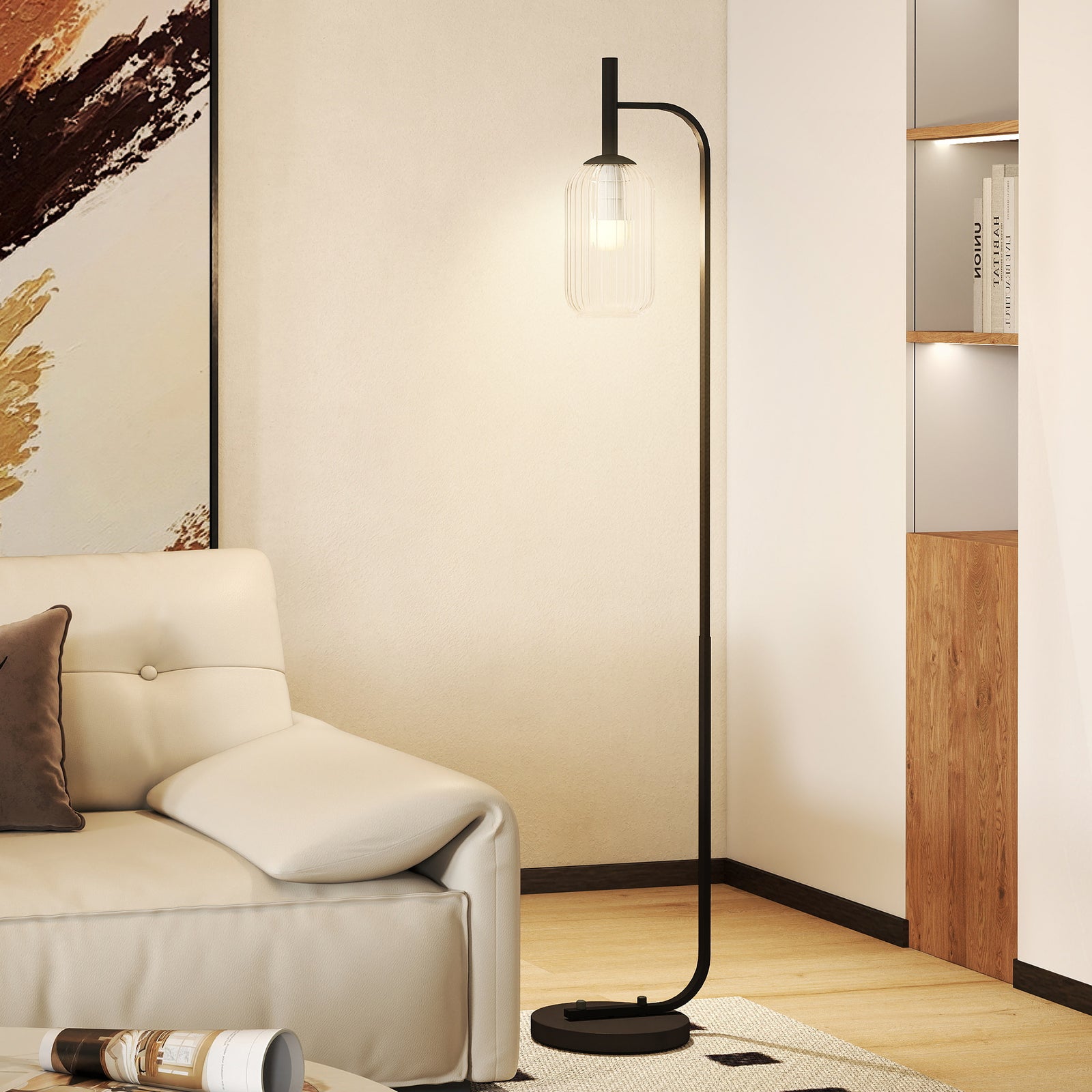 Modern Floor Lamp With Glass Lampshade, Foot Switch For Living Room | Black