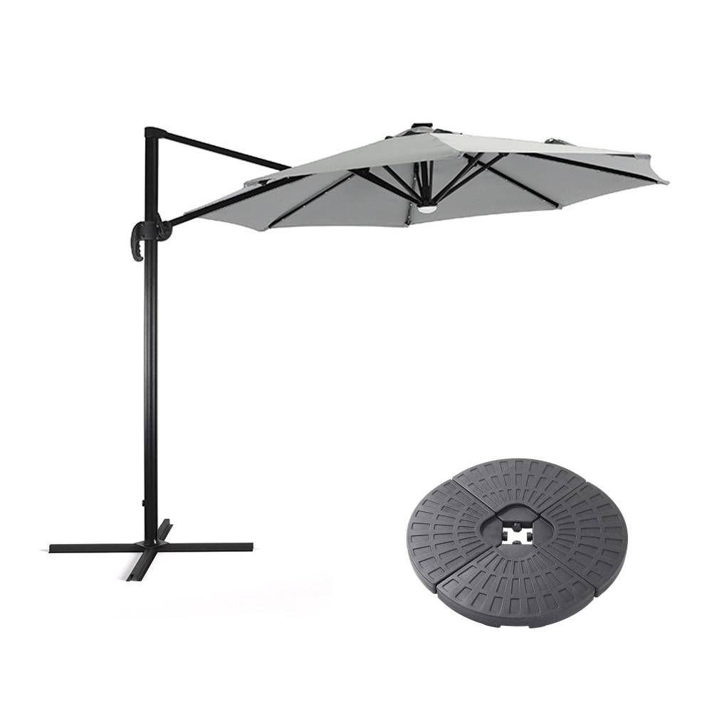 3m Solar Led Cantilever Patio Round Umbrella With 32 Led Lights & Center Light, 360° Rotation With Pu Coating,cross Base Included & Fillable Base