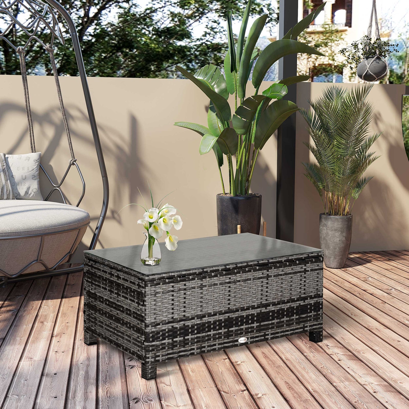 Garden Rattan Side Table,wicker Coffee Desk, Glass Top | Dark Gray
