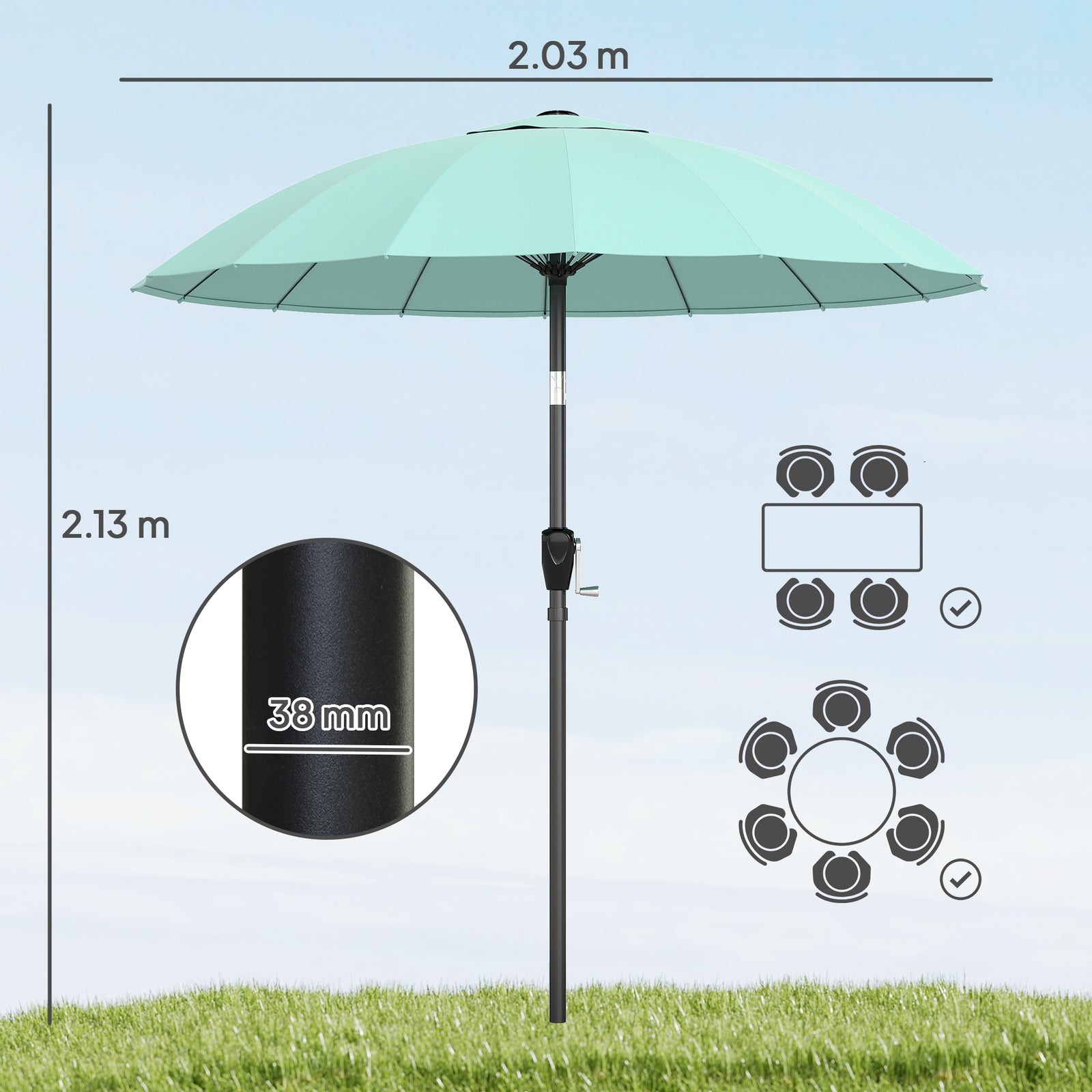 2m Shanghai Garden Parasol Umbrella, Outdoor Sun Shade | Turquoise