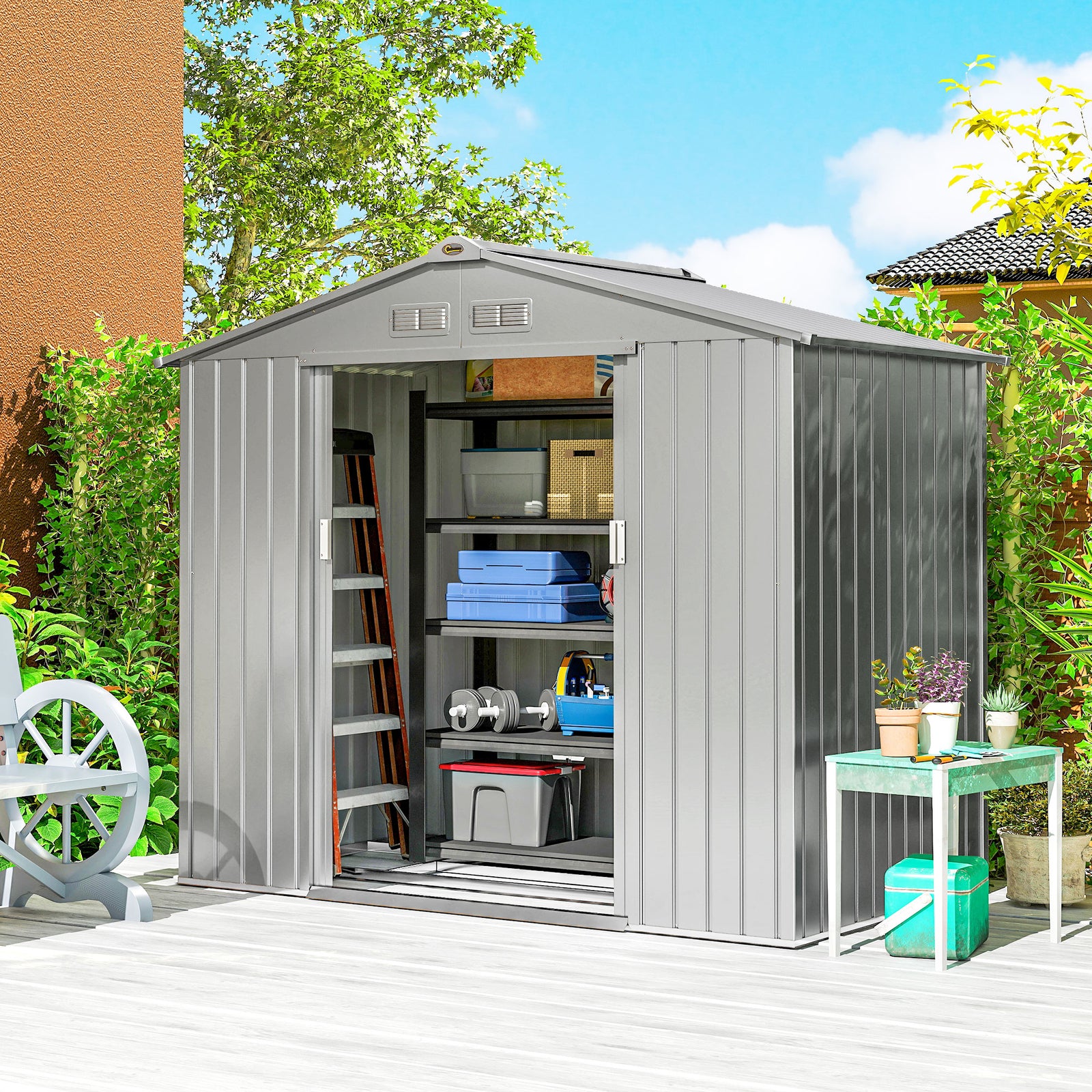 7 X 4ft Garden Shed Storage W/ Foundation Kit, Vents | Light Grey