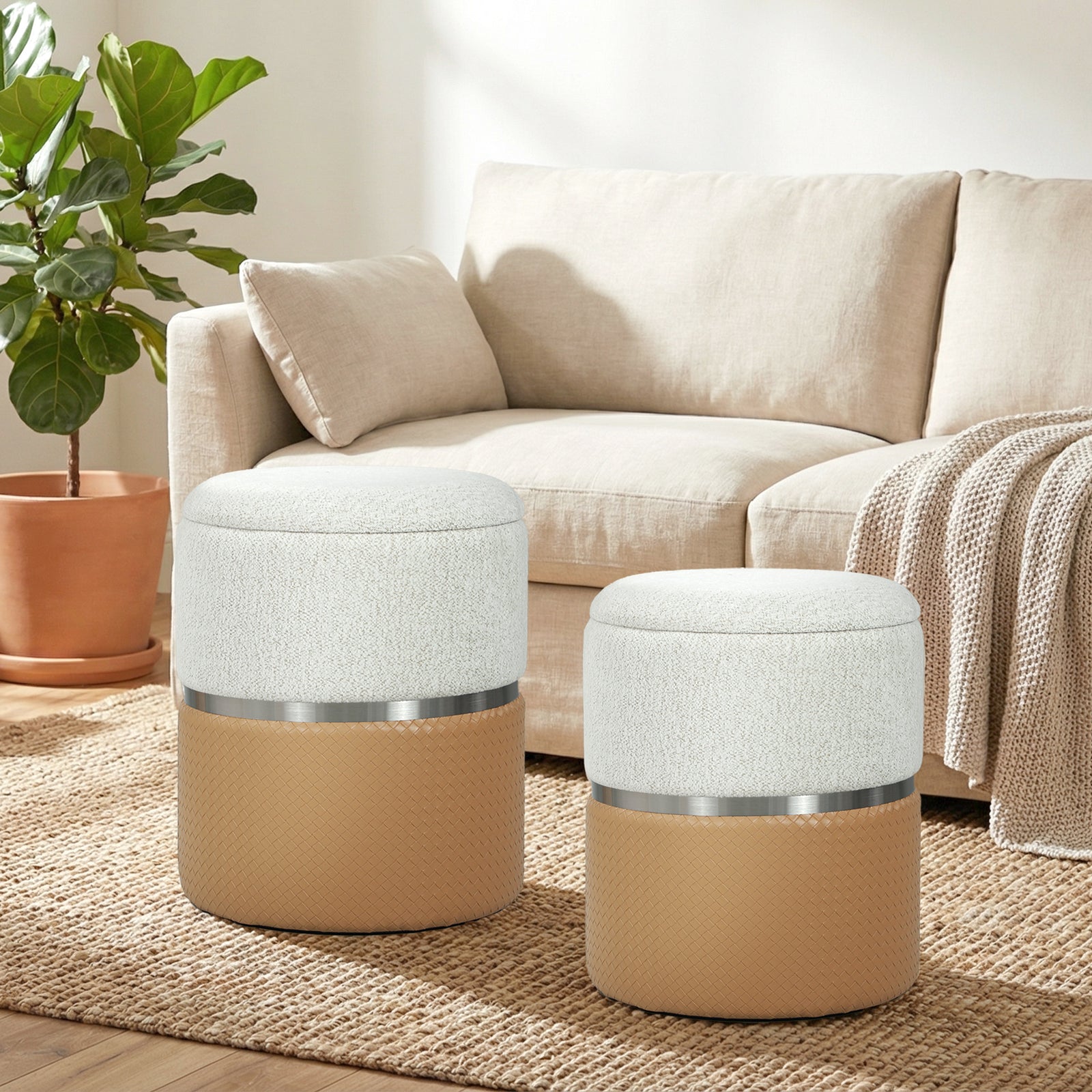 Round Storage Ottoman Set Of 2, Nesting Footrest Stool | Brown