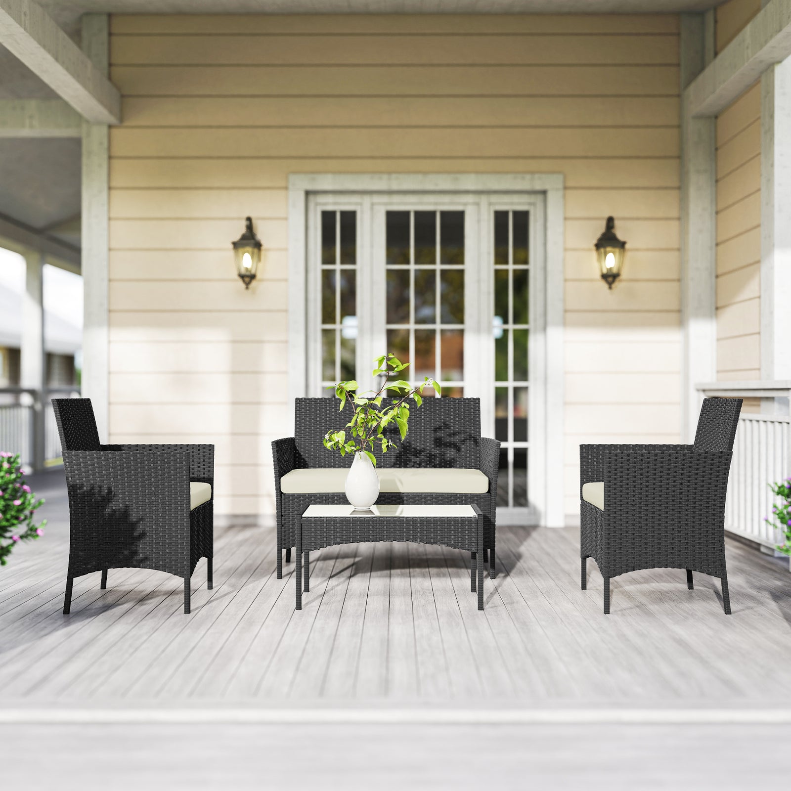 4 Piece Rattan Garden Furniture Sofa Set With Cushions | Cream