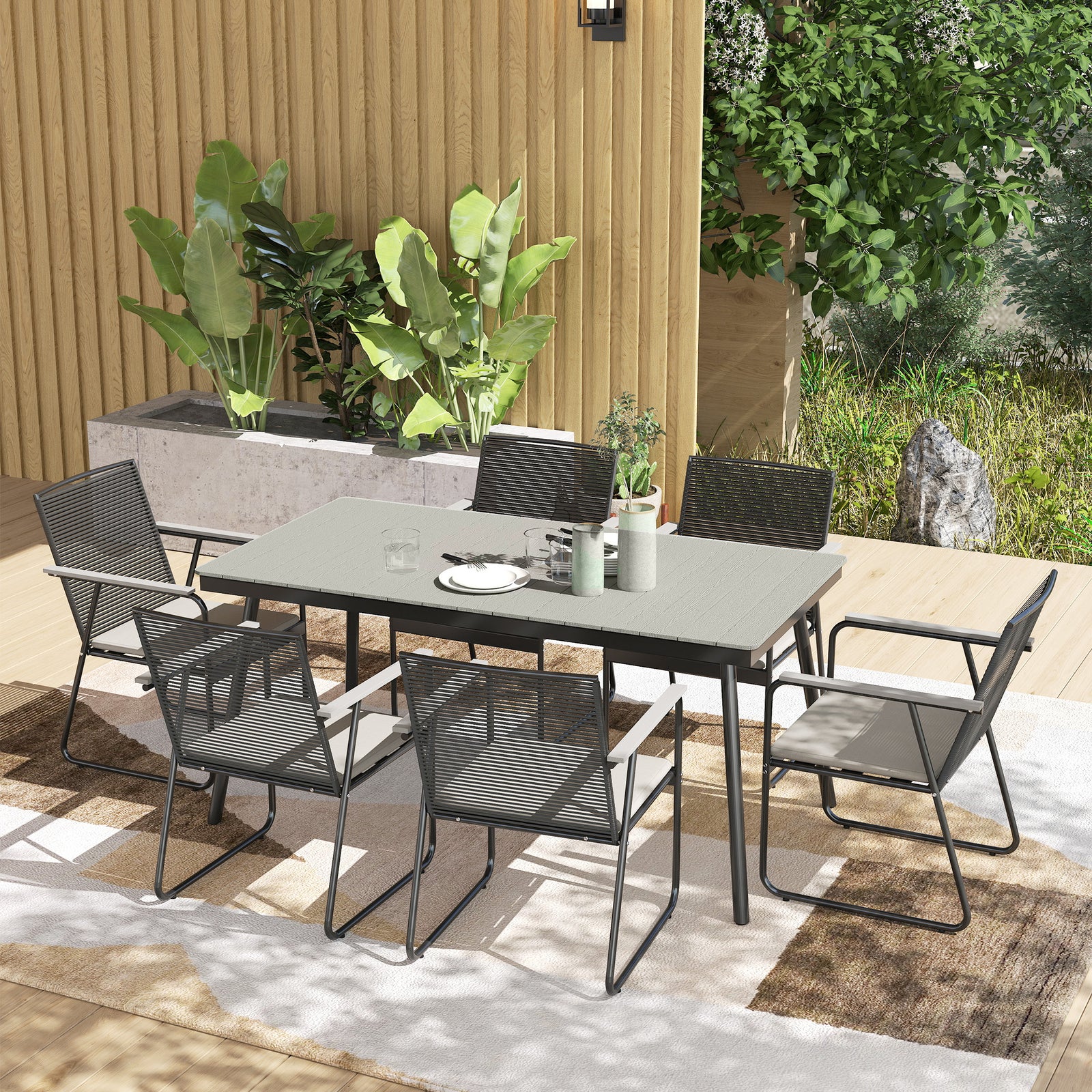 6 Seater Garden Dining Set With Cushions Rattan Backrest | Gray