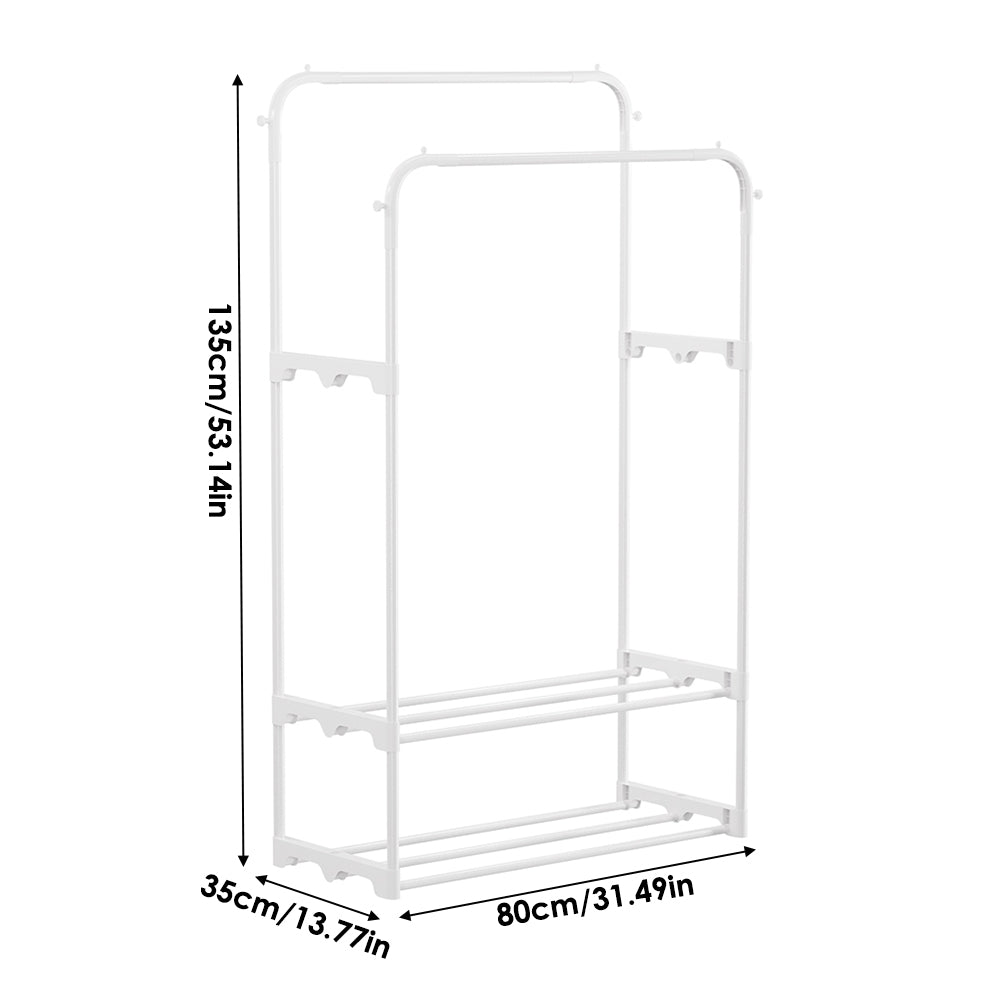 Double Rod Metal Clothes Rack Heavy Duty Garment Organizer With Shelves For Closet Or Bedroom | White