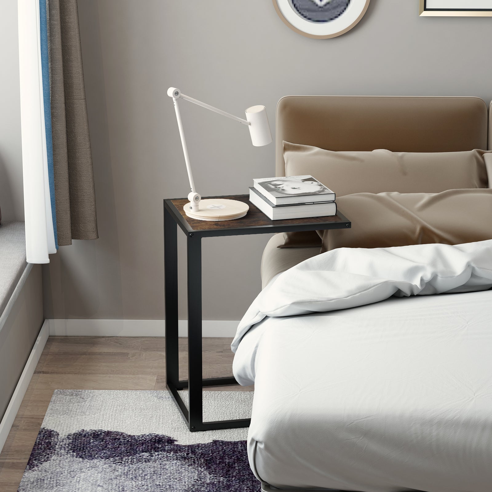 C-shape Side End Table W/ Steel Frame Wide Base | Brown