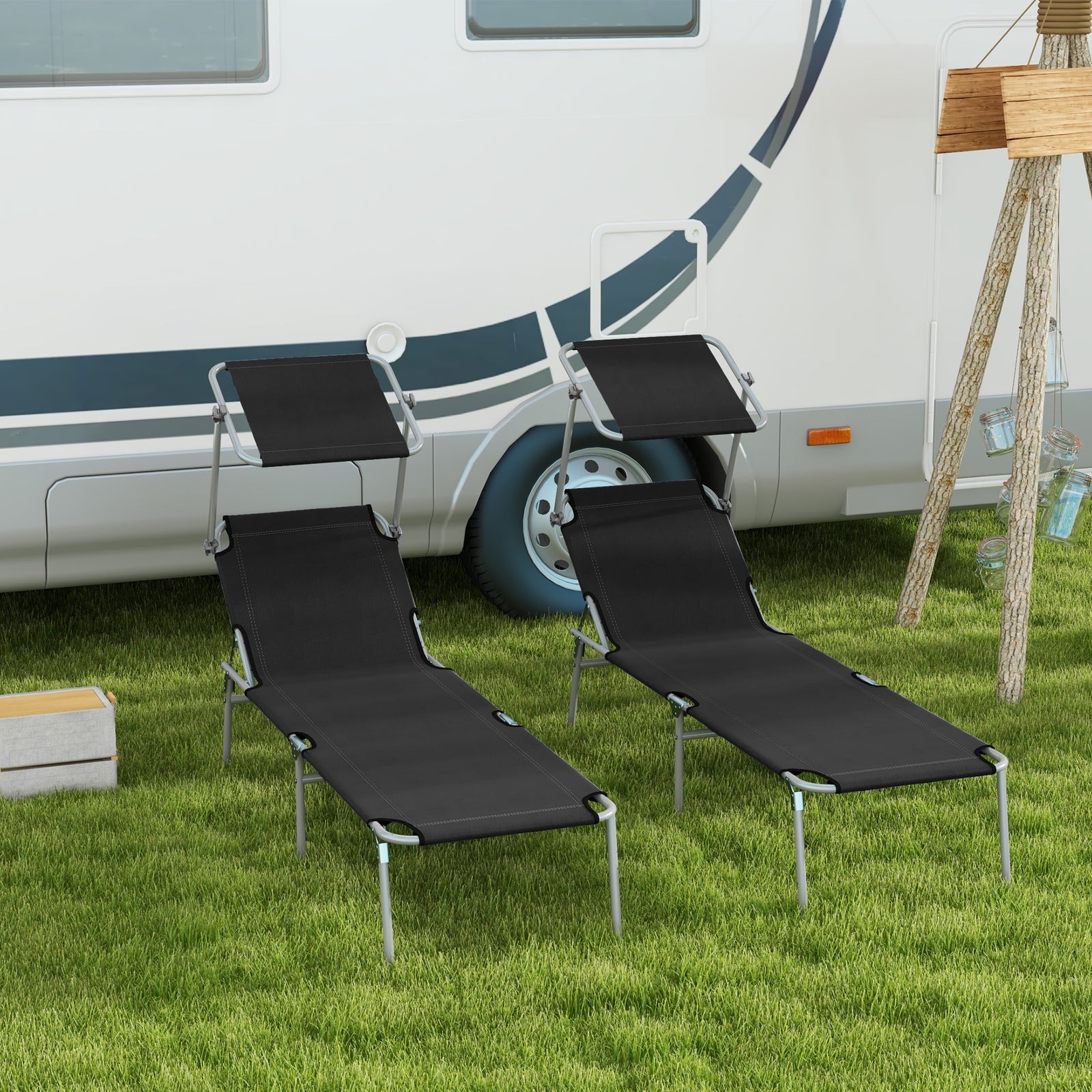 Black Foldable Sun Lounger Set Of 2