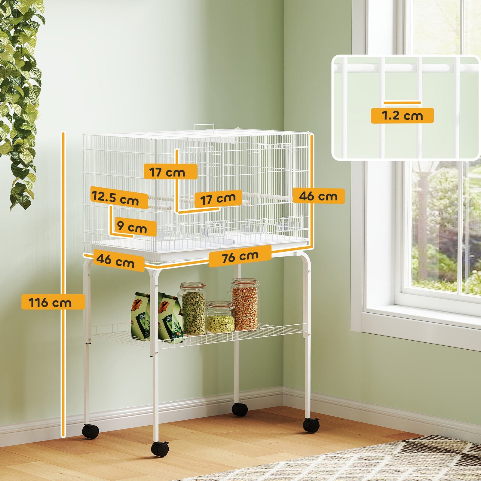 Bird Cage With Divider, 4 Wooden Perches, Slide Out Tray | White
