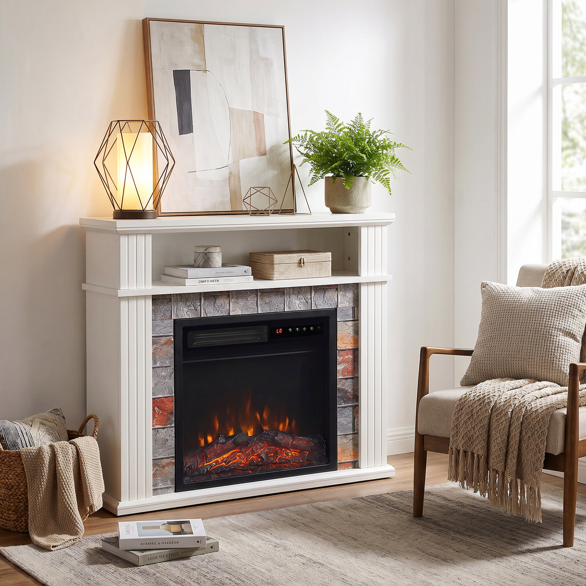 Freestanding Electric Fireplace Suite, 1800w, Open Shelf, Led Flame