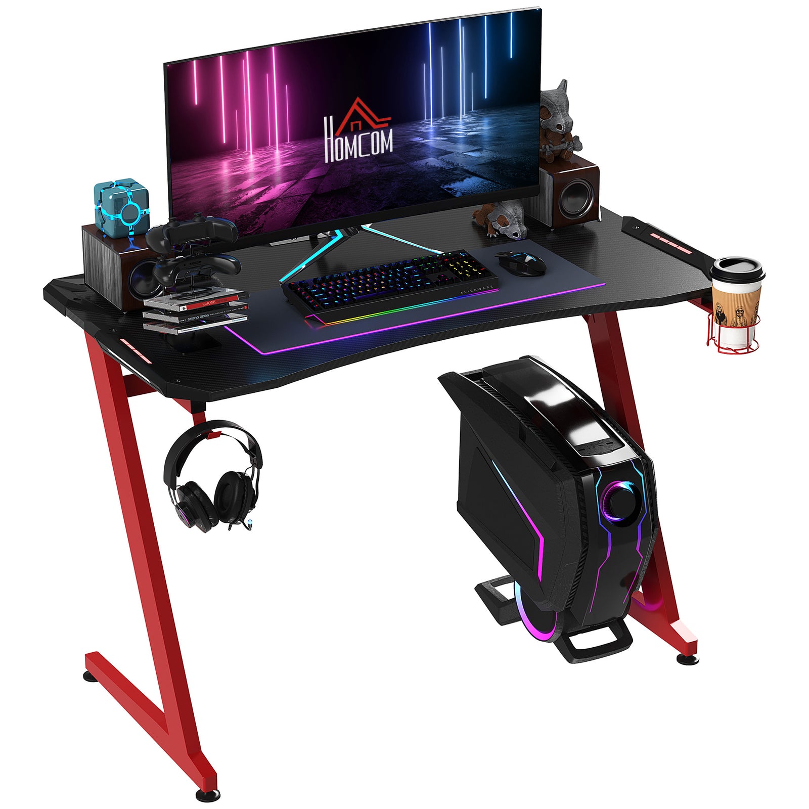 Gaming Desk With Gamepad Holder Headphone Hook | Red