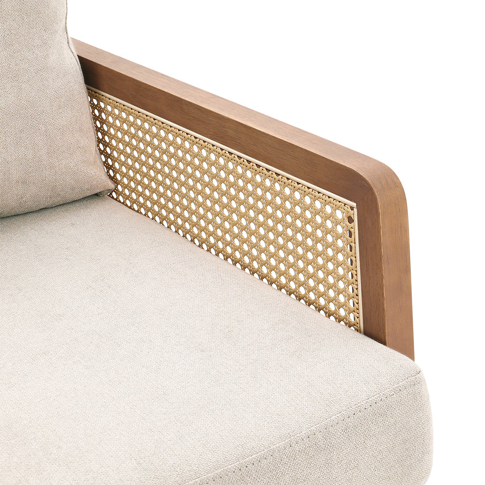 Well-crafted Modern Fabric Armchair With Wooden Frame And Caned Sides, Fluffy Backrest And Thick Cushions | Beige