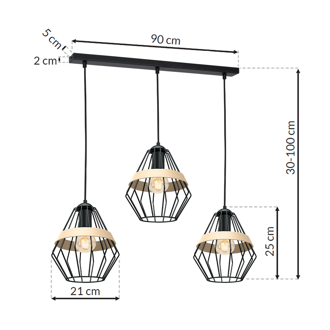 Cliff Black Pendant Lamp 3xe27 Hand Made Matt Black Cage Style Lamps With Natural Wood Detail