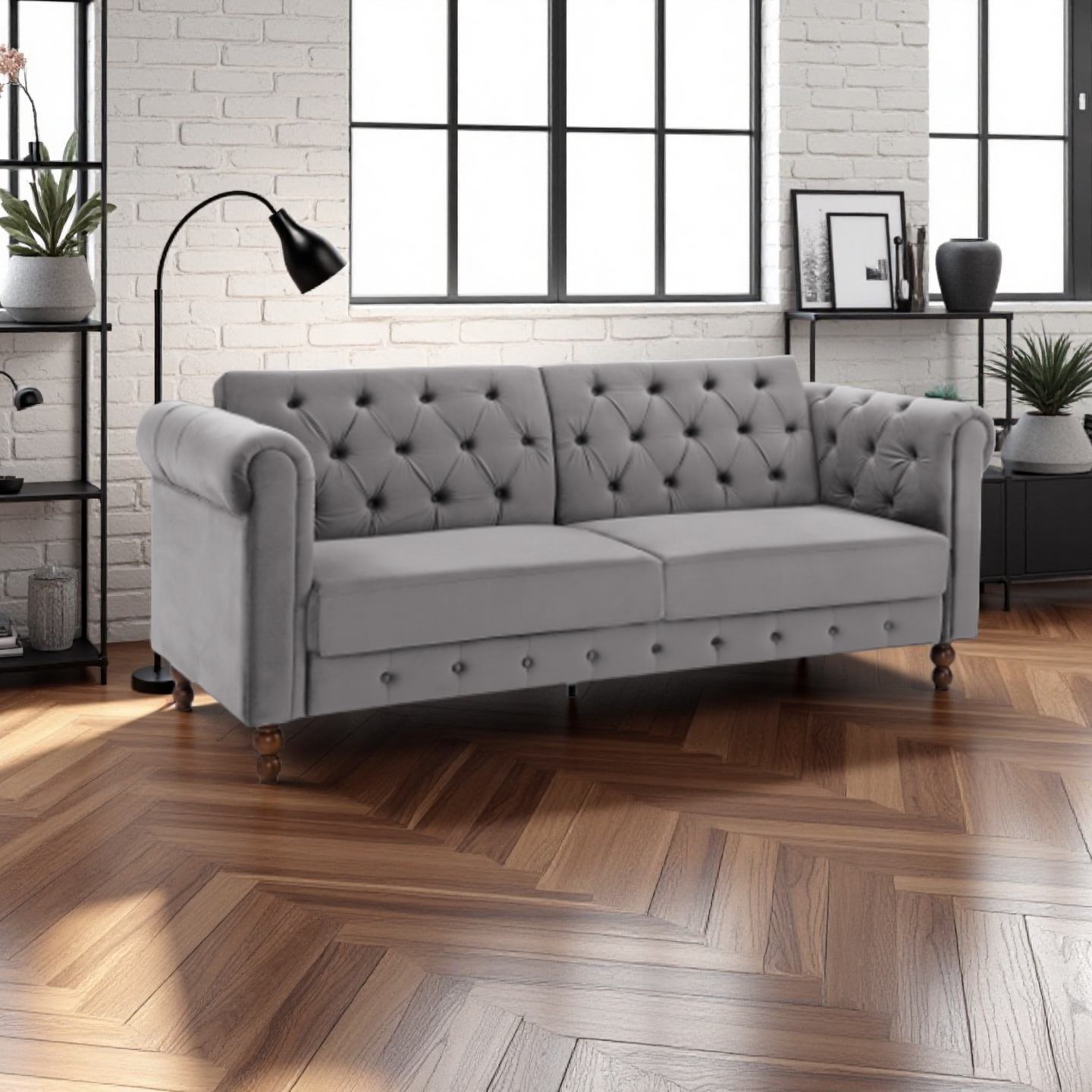 Royal Chesterfield 3 Seat Sofa Bed In Grey Velvet