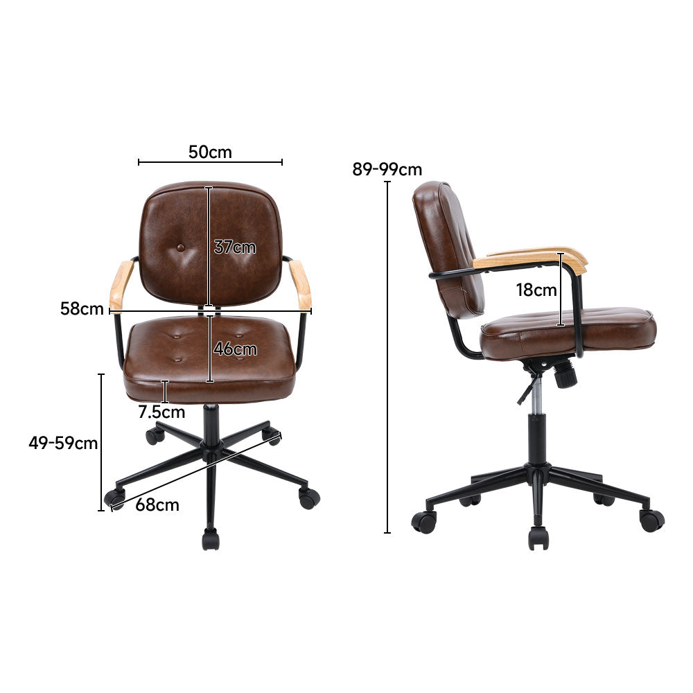 Ergonomic Leather Office Chair with Wood Armrests - Brown