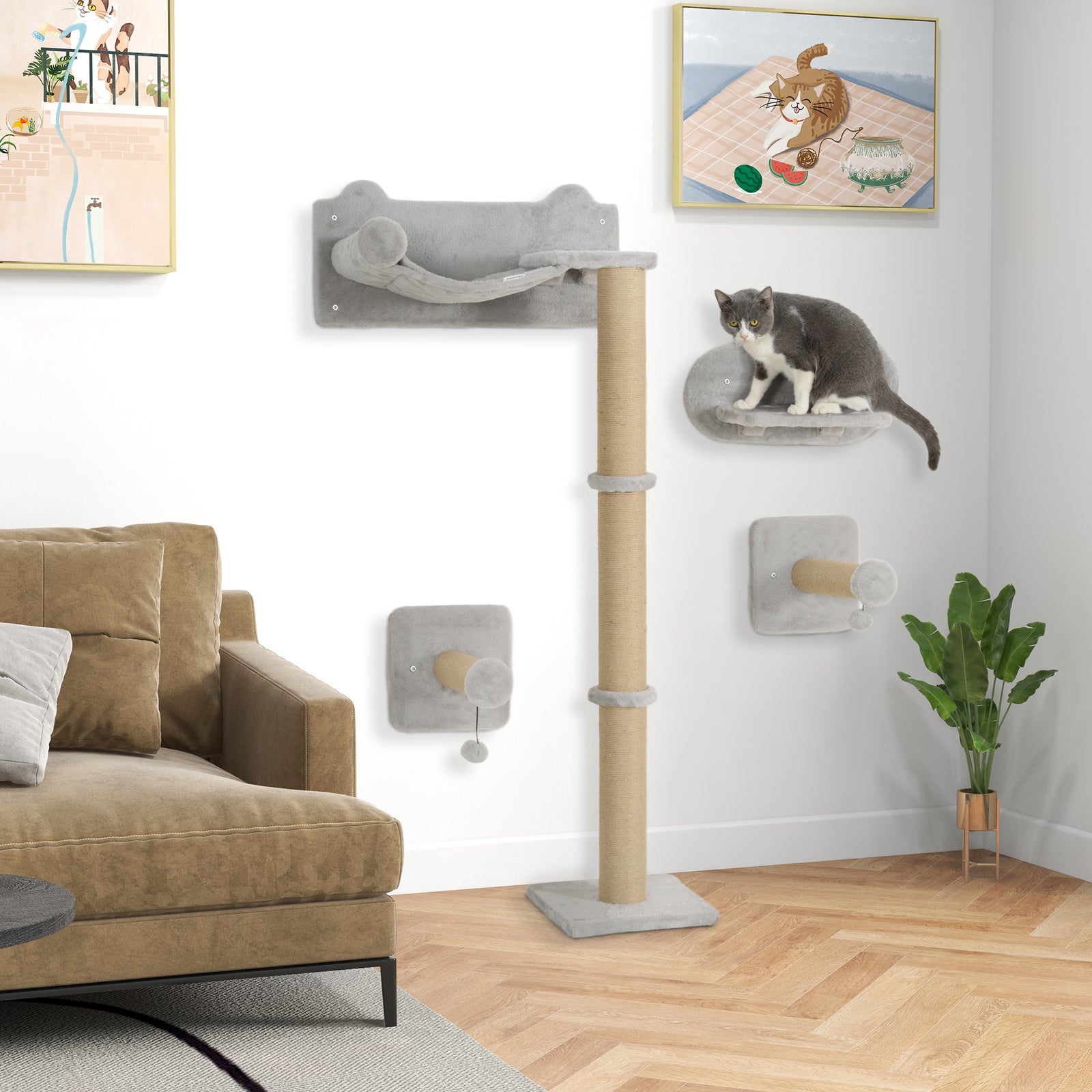 4 Piece Cat Shelves W/ Scratching Post, Steps, Jumping Platform