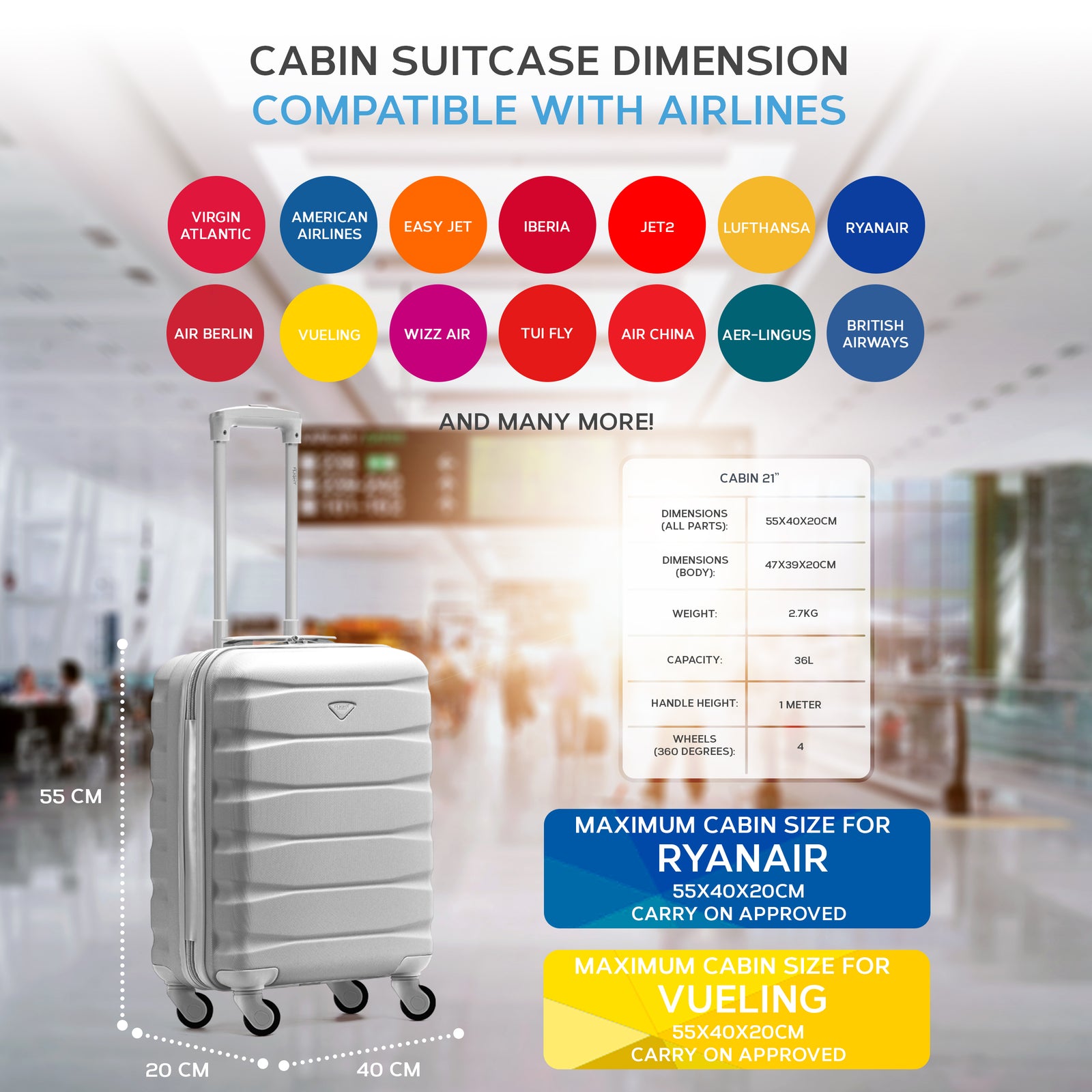 55x40x20cm Lightweight Luggage Hard Shell Cabin Suitcase 60+ Airlines Approved - Carry On Case - 4 Wheels | 55 x 40 x 20cm | Silver