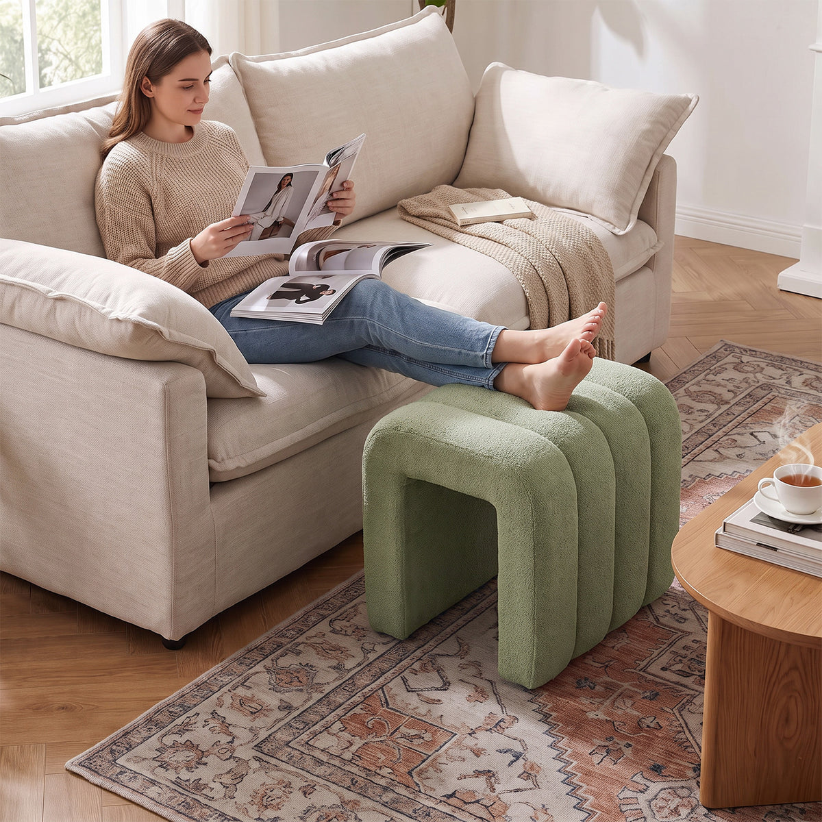 Modern U-shaped Upholstered Footstool | One Size | Green