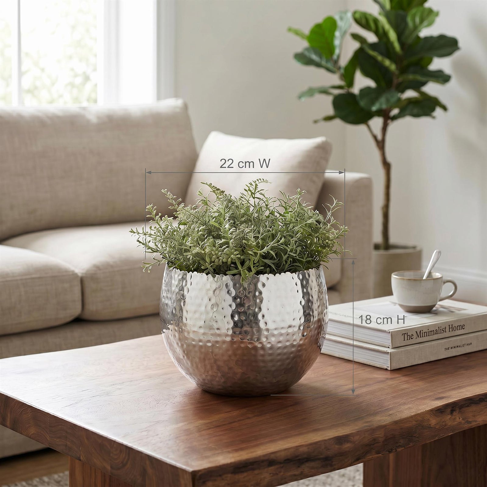 Large Metal Bowl 22 X 17cm Hammered Silver Colour - Curvy Edge