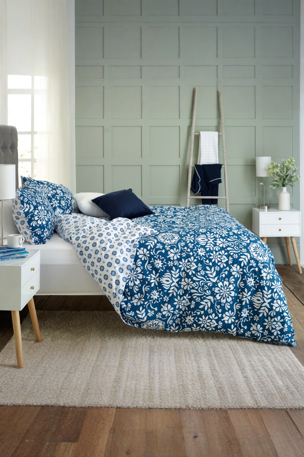 Ornamental Tile Floral 100% Cotton Duvet Cover Set - Soft Decorative Bedding | Single | Blue
