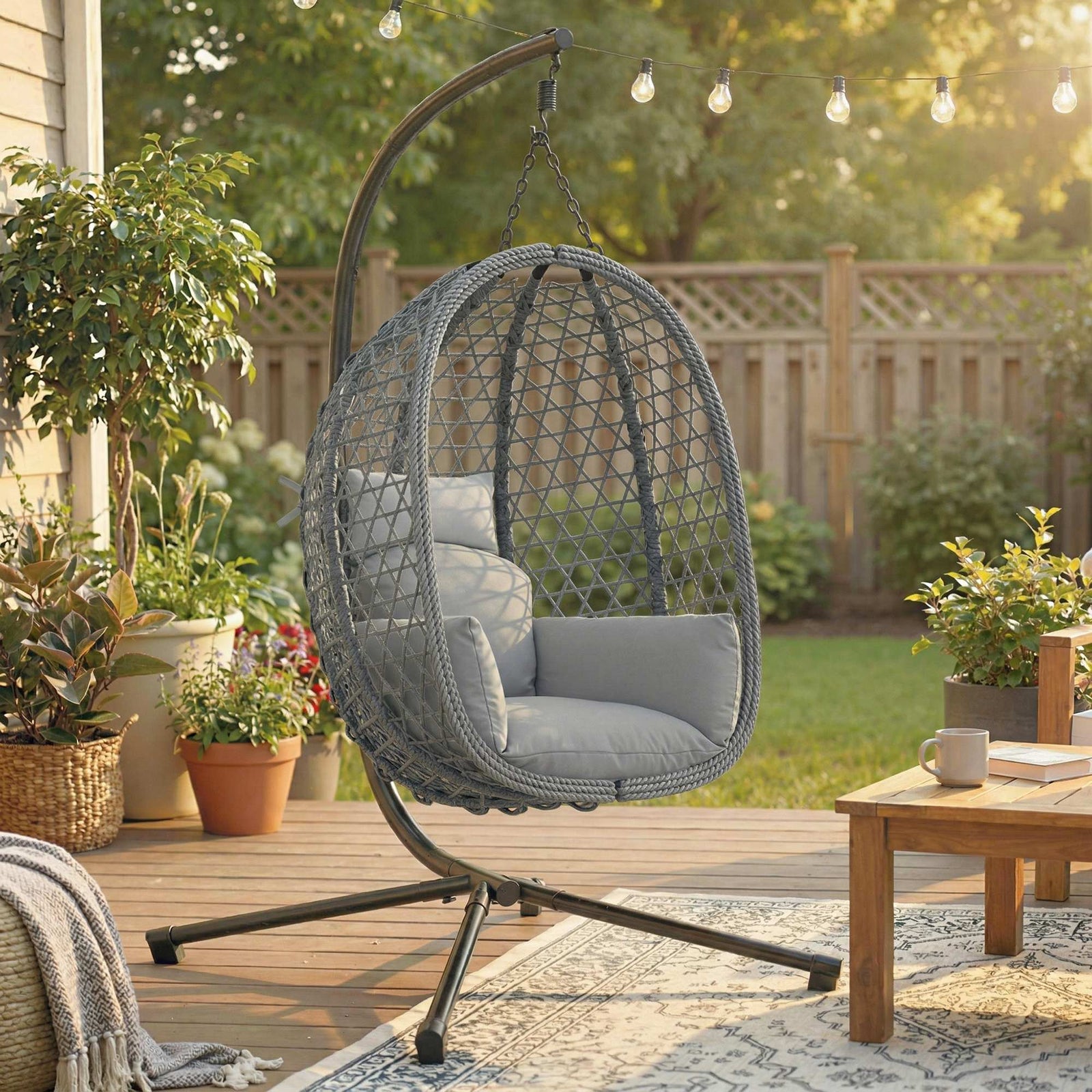 Hanging Egg Chair, Rattan Swing Chair With Stand | Dark Grey