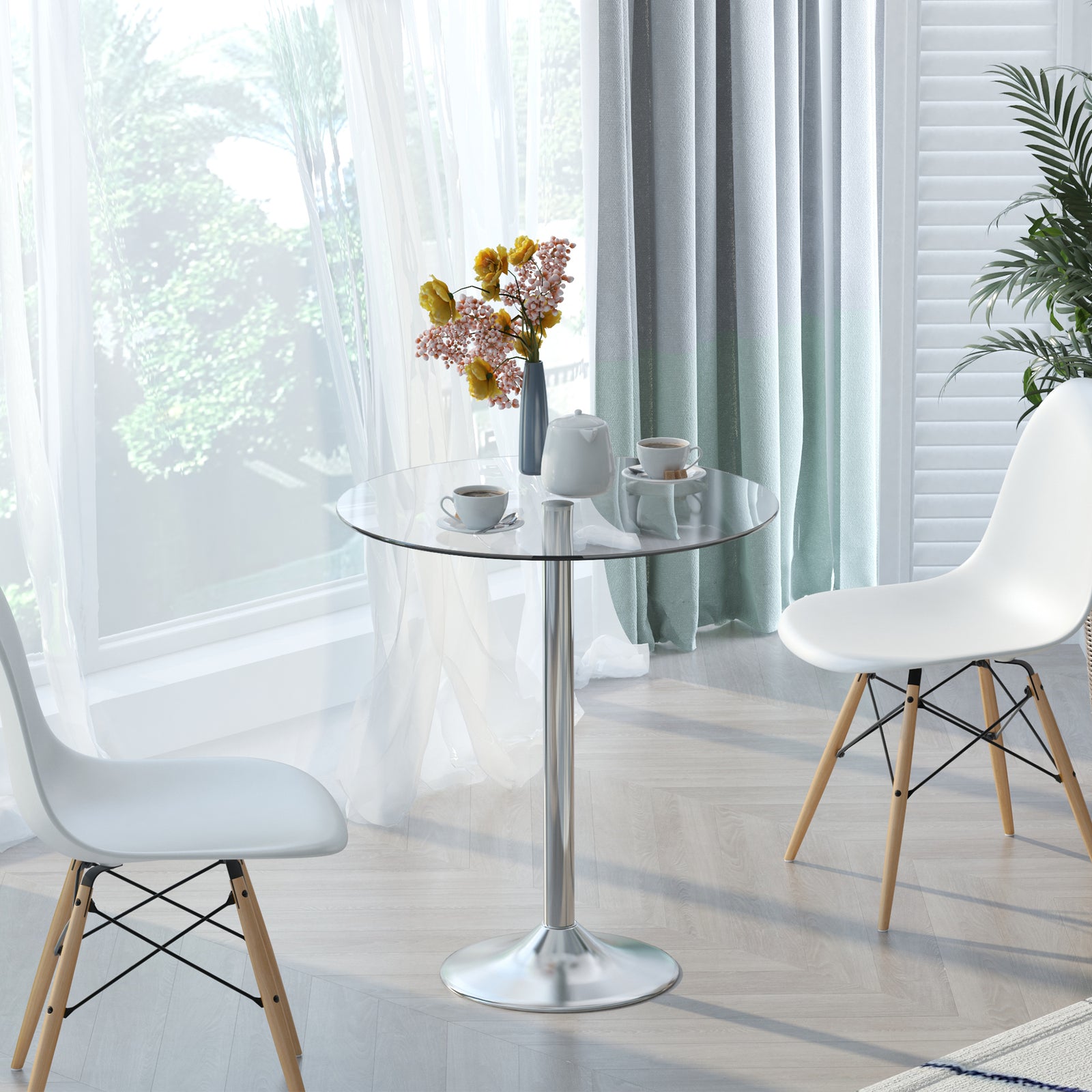 Metal Round Table, Tempered Glass Top, Bistro