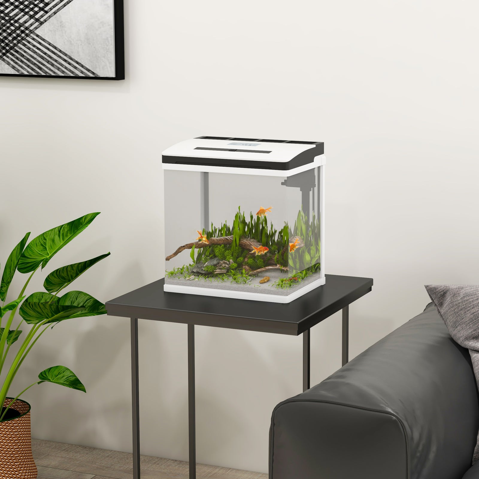 Aquarium 13/28l Glass Fish Tank W/ Filter, Led Lighting, Water Pump | White