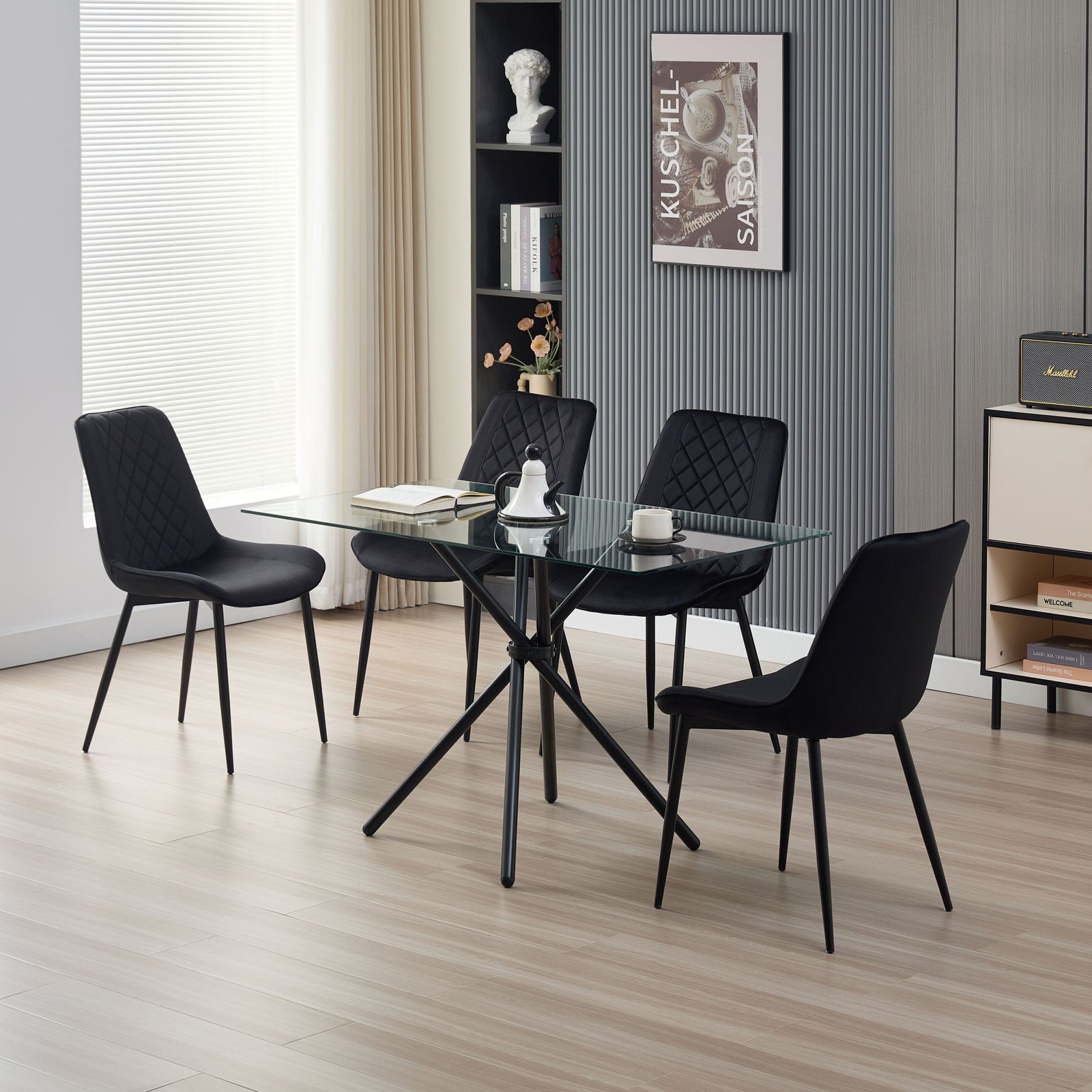Stylish Miami Dining Table Set With 4 Velvet Amelia Chairs | Black