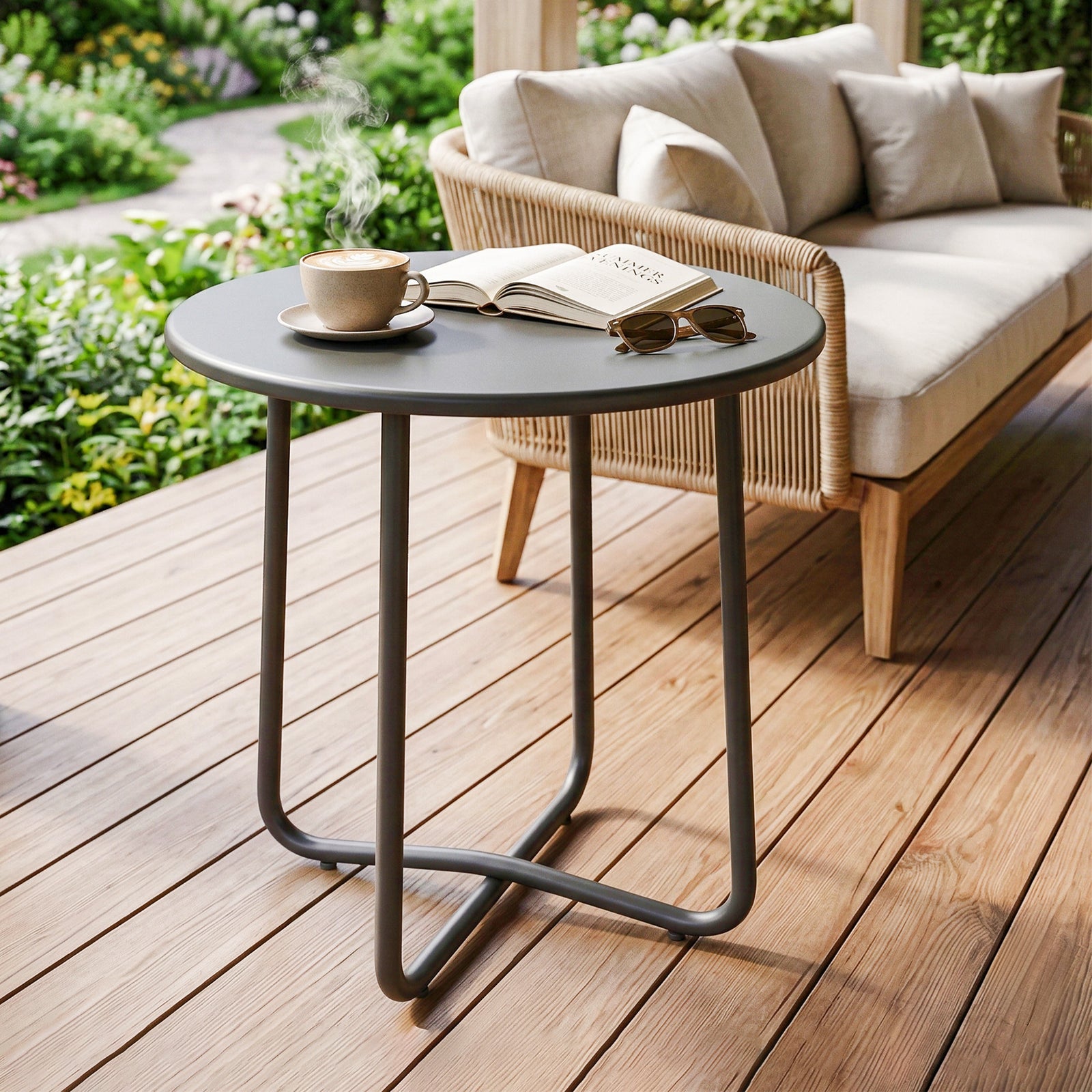 Metal Garden Side Table, 48 Cm Round Outdoor Table | Grey