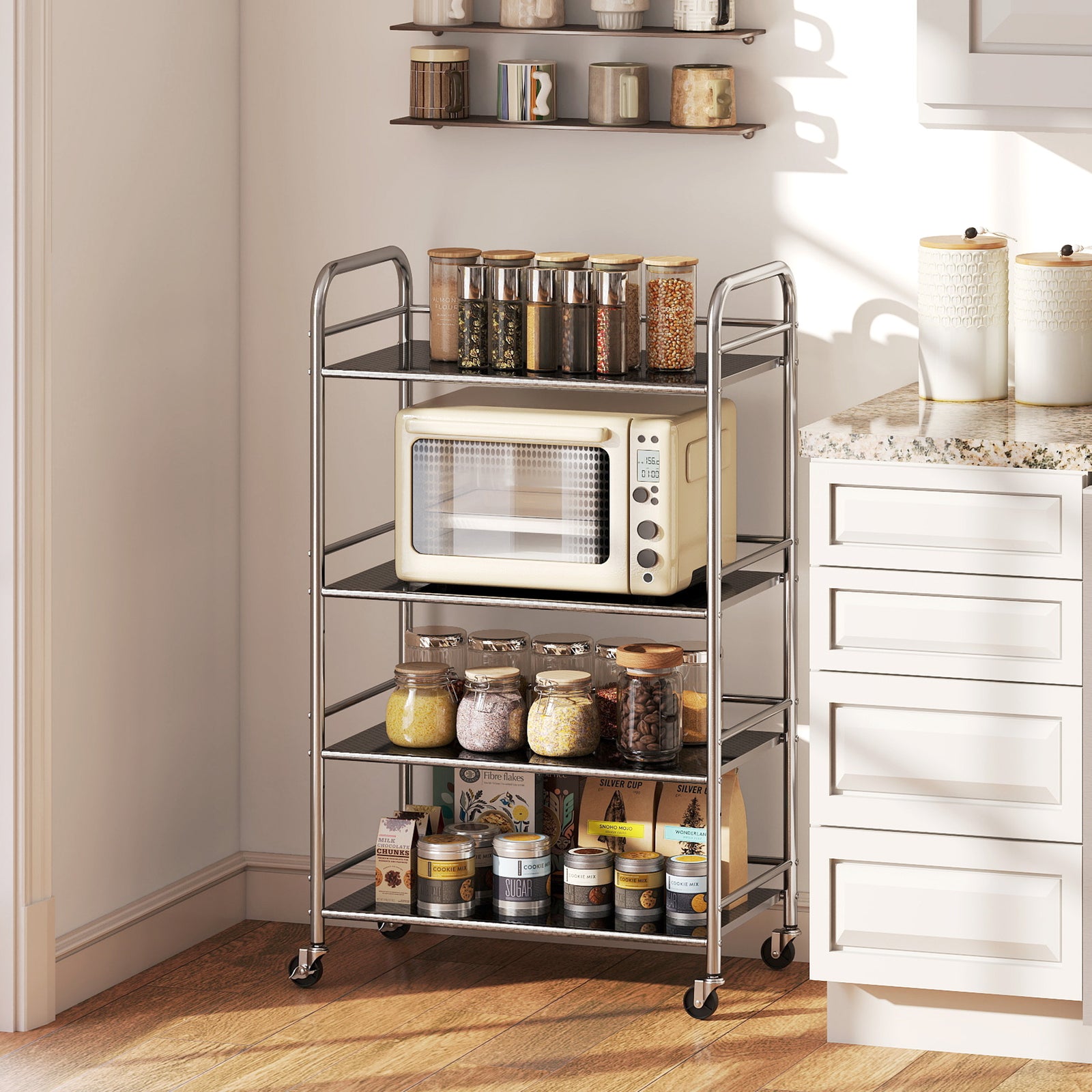 4 Tier Kitchen Trolley On Wheels Serving Cart With Handles Silver