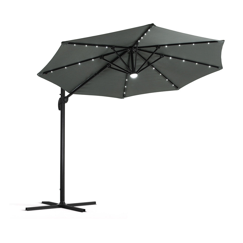 3m Solar Led Cantilever Patio Round Umbrella With 32 Led Lights & Center Light, 360° Rotation With Pu Coating,cross Base Included | One Size | Dark Grey